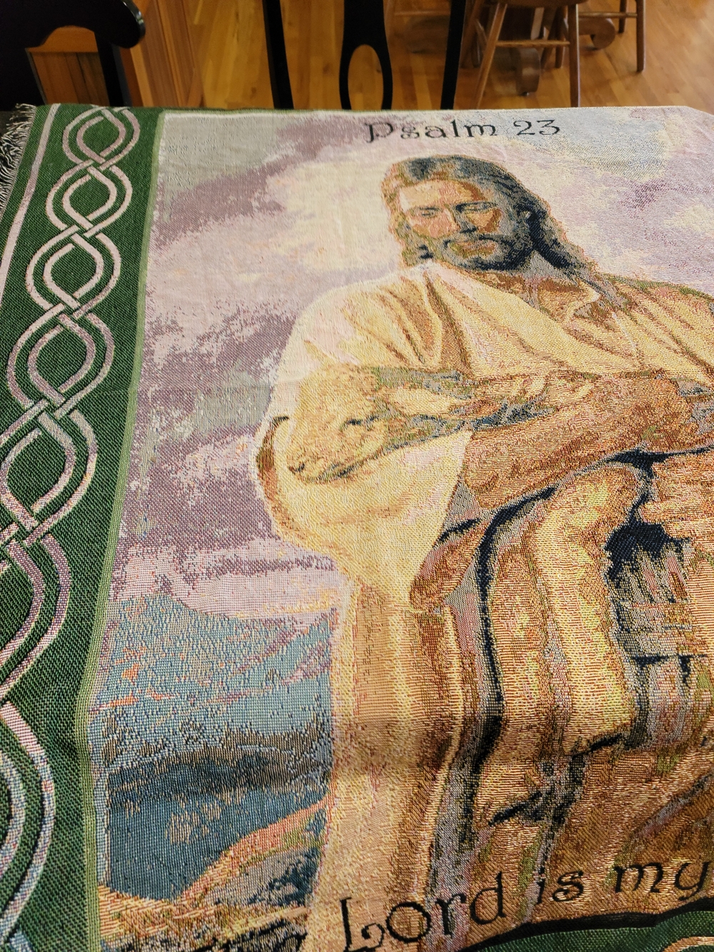 Psalm 23 Jesus Throw Blanket - Green and Cream Religious Tapestry